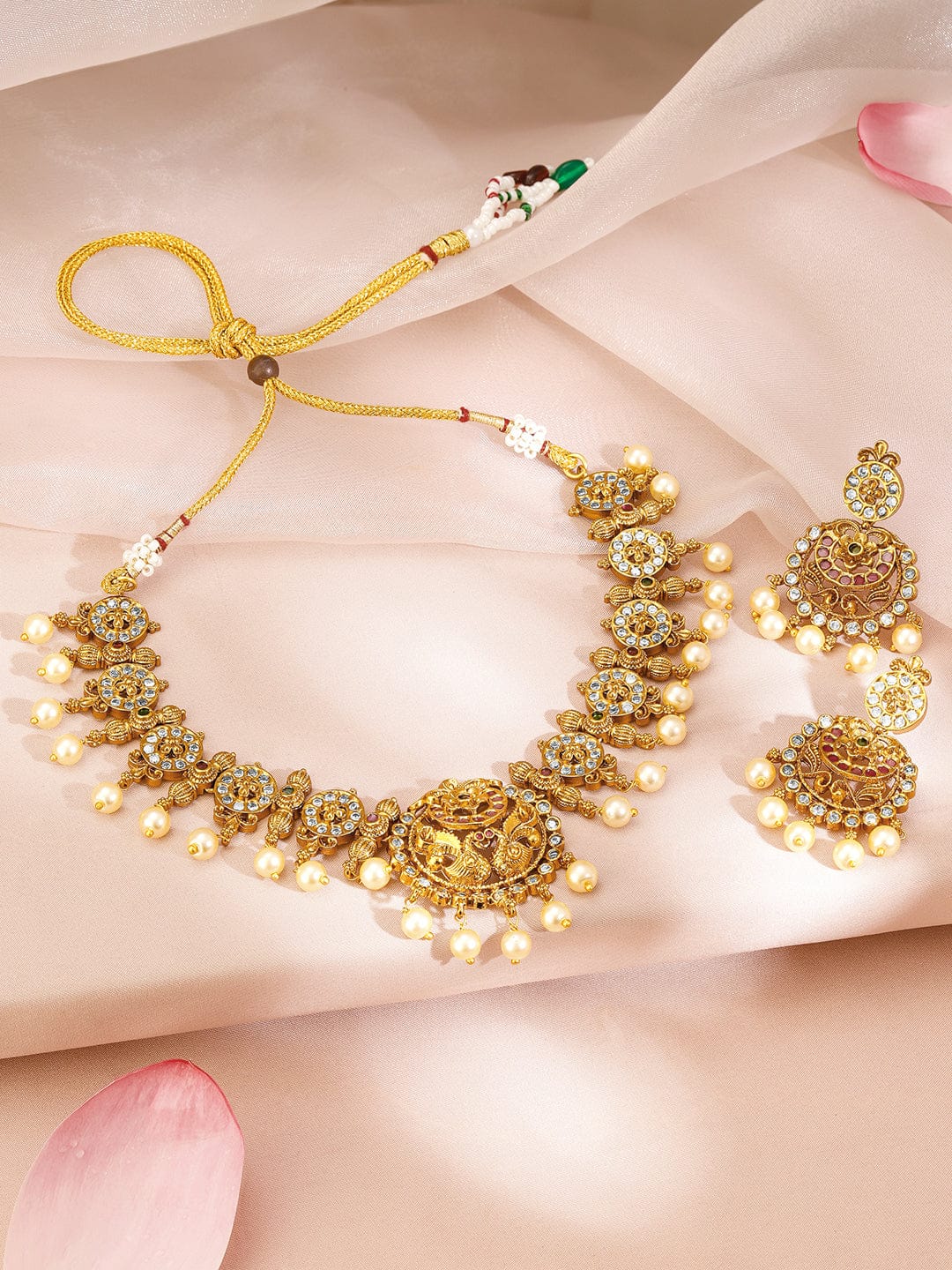 American Diamond Zirconia Pearl Drop Gold Necklace Set