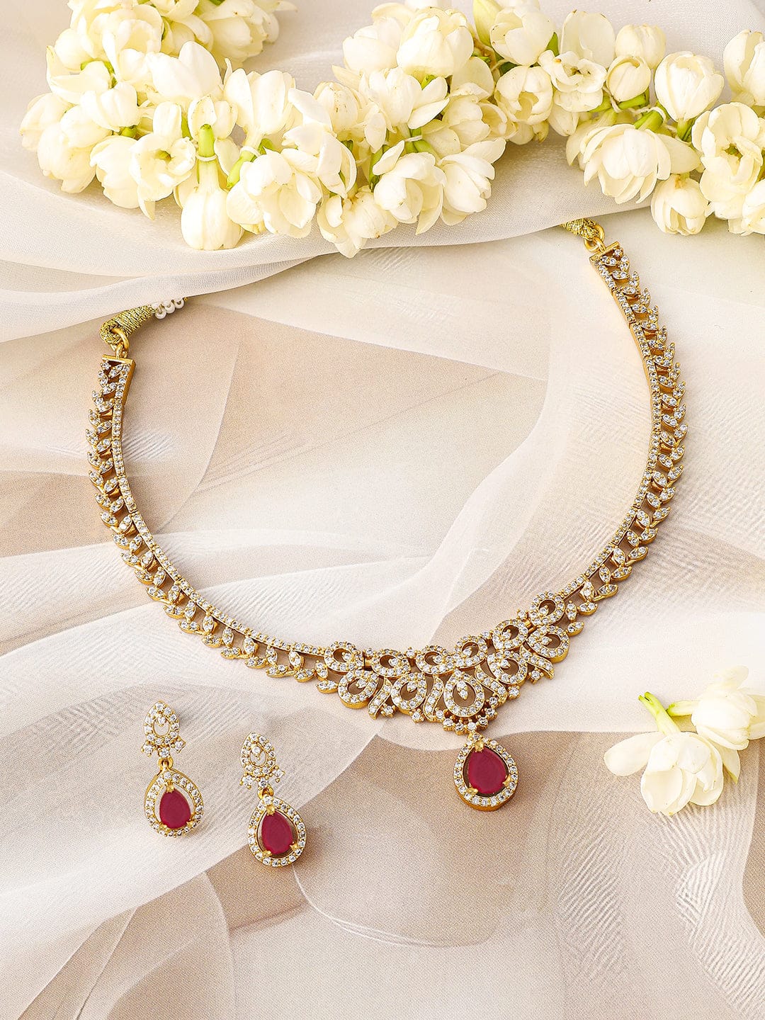 Ruby Accented American Diamond Zirconia Necklace Set