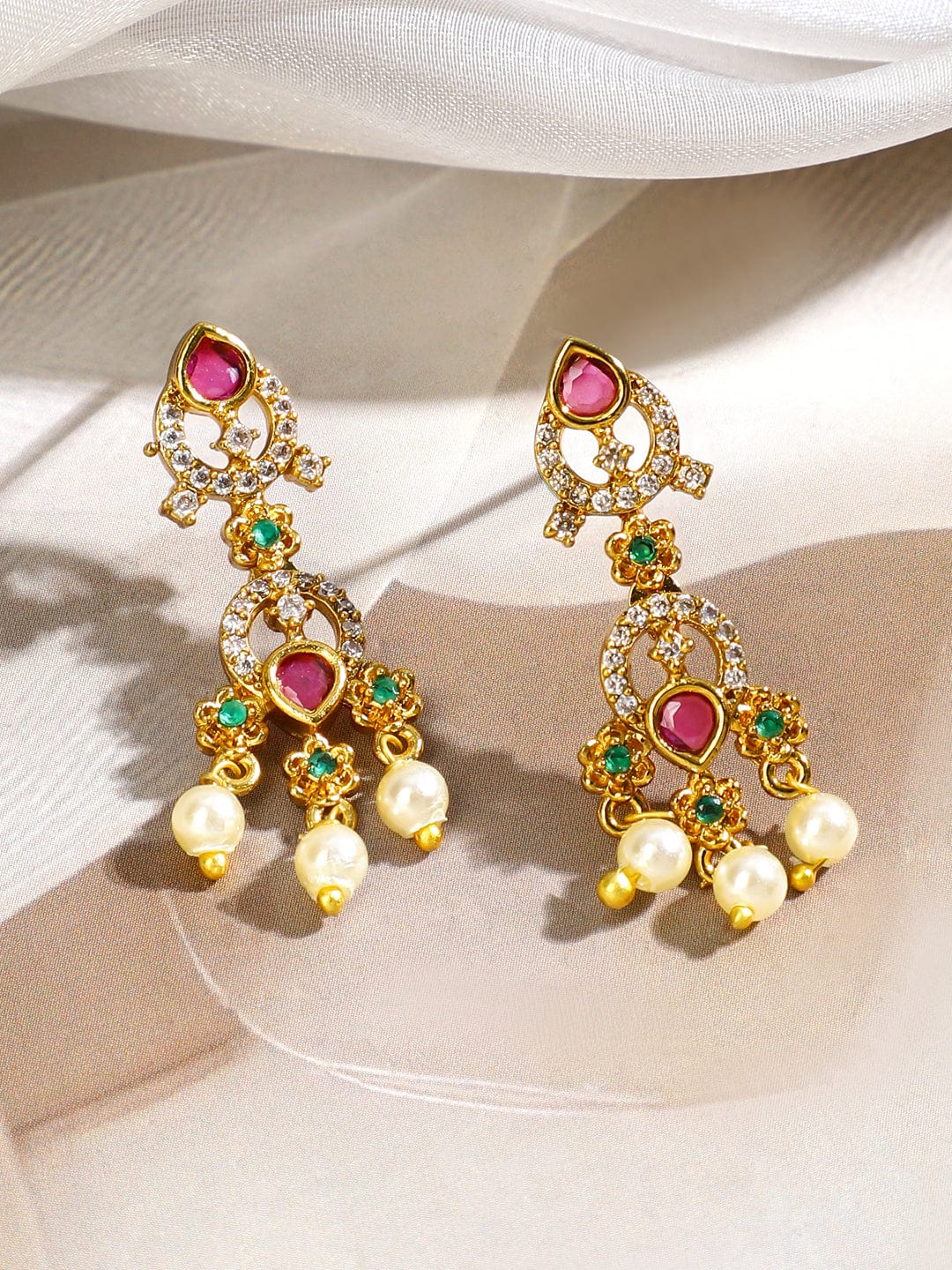 Multicolor Studded American Diamond Zirconia Pearl Necklace Set
