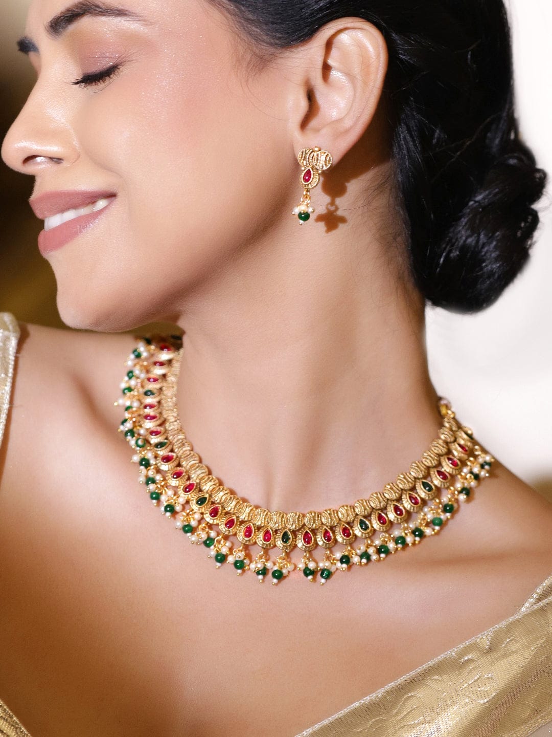 Ruby Studded Green Pearl Drop Necklace Set