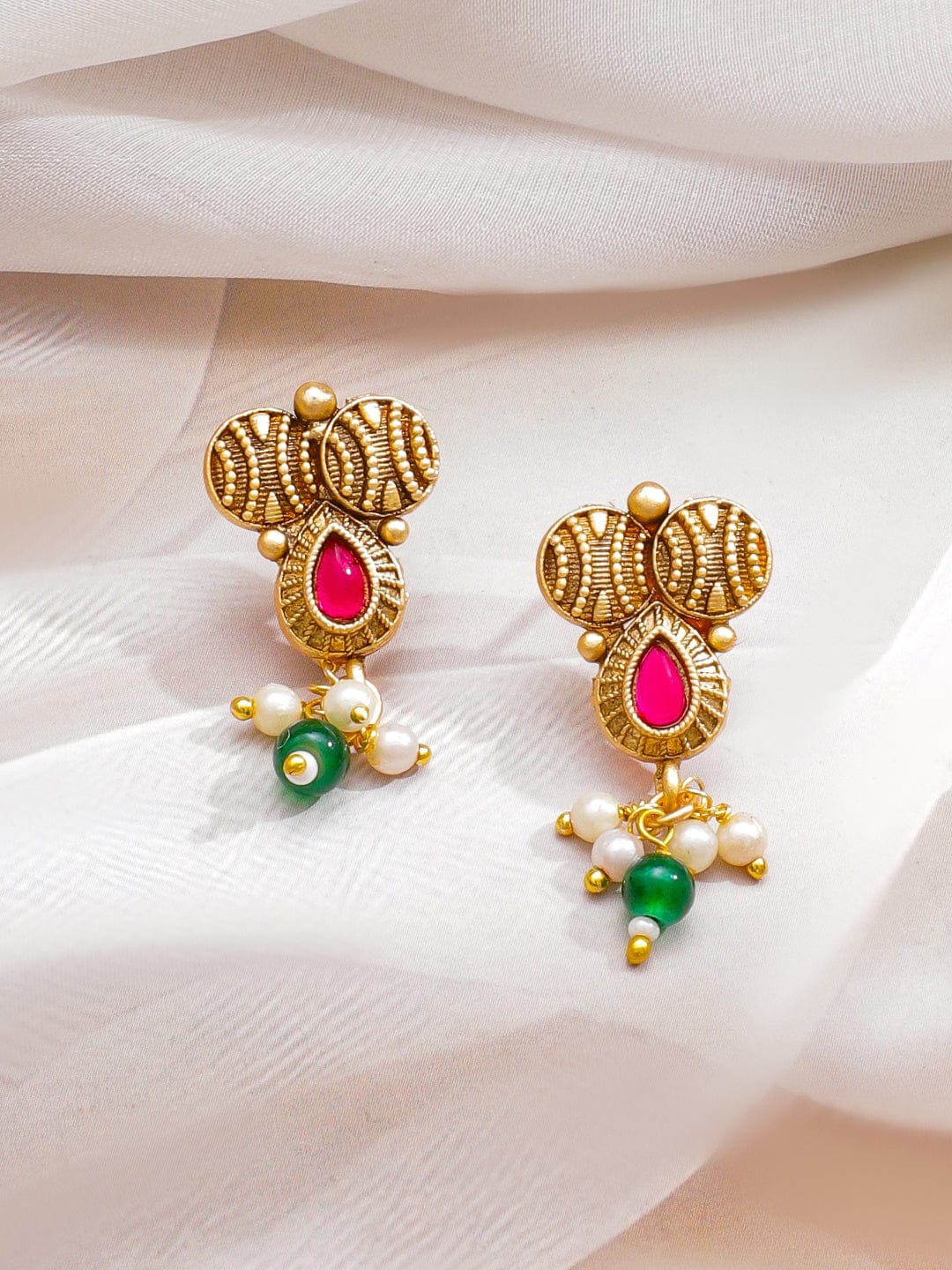 Ruby Studded Green Pearl Drop Necklace Set