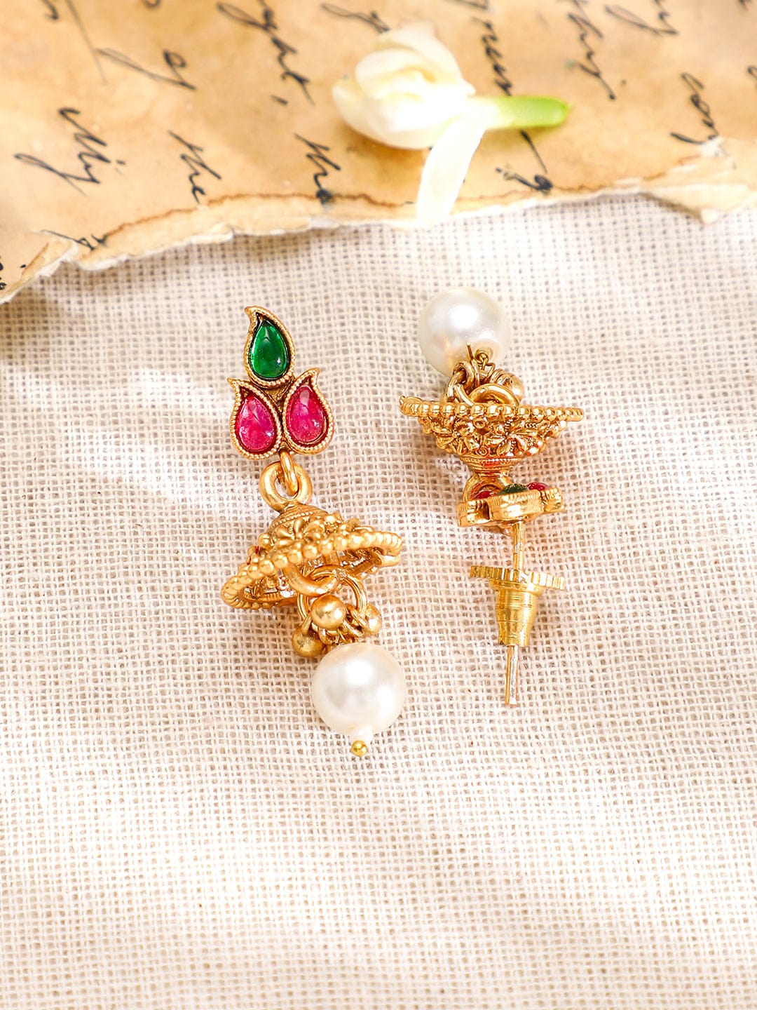 Pink & Green Studded Golden Necklace Set