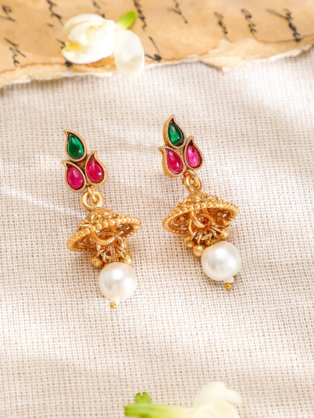 Pink & Green Studded Golden Necklace Set