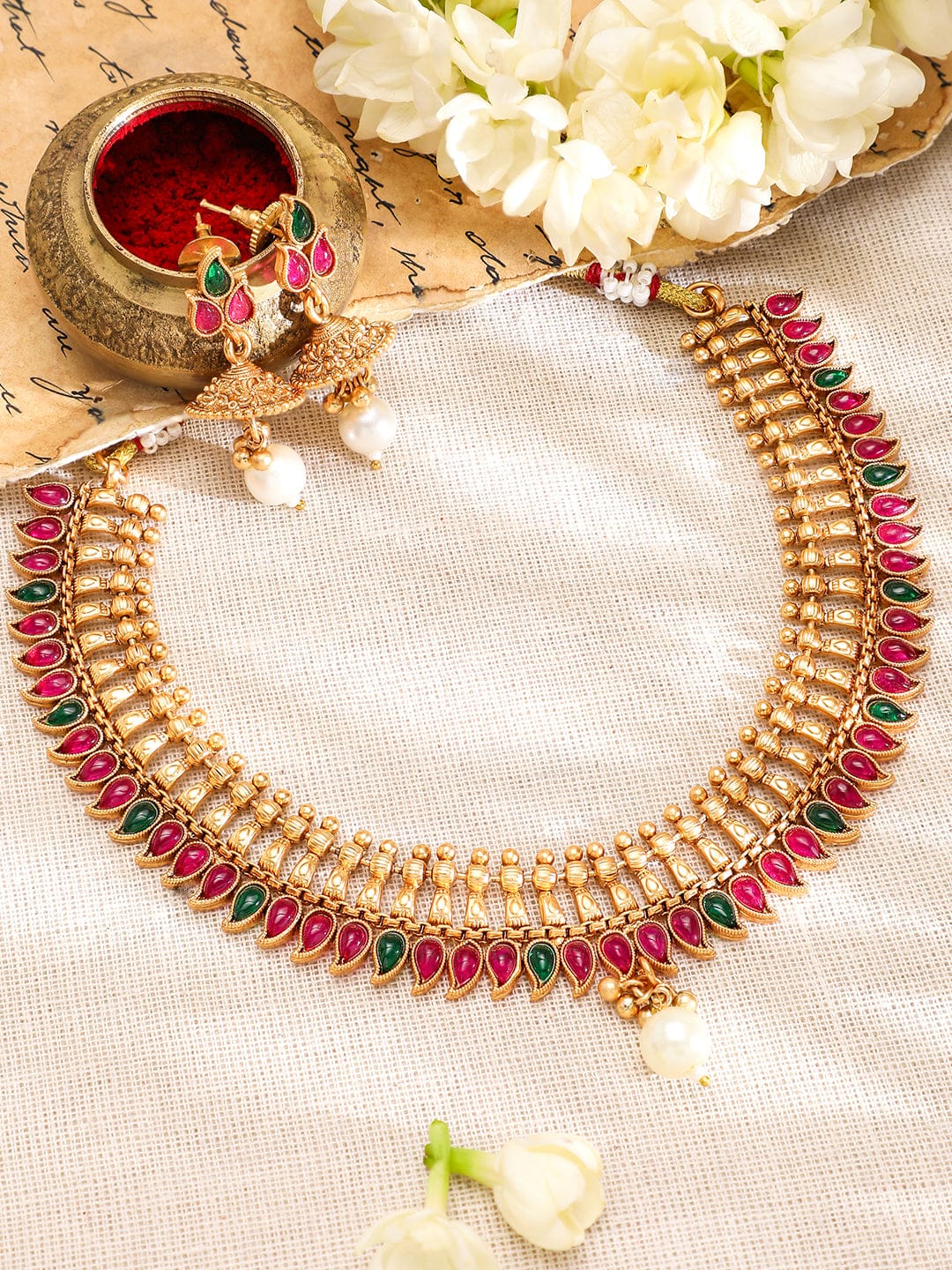 Pink & Green Studded Golden Necklace Set
