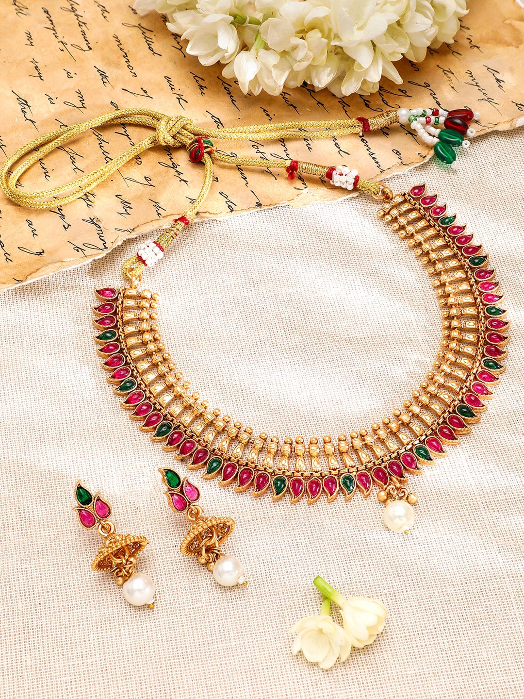 Pink & Green Studded Golden Necklace Set