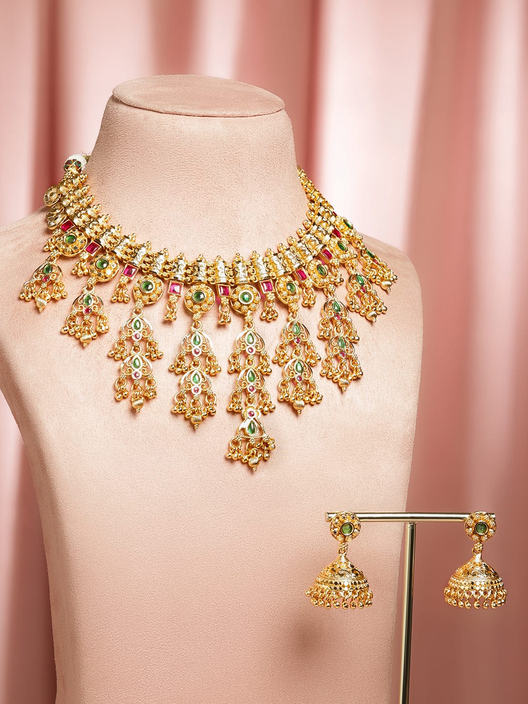 Red & Green Studded Gold Beaded Necklace Set
