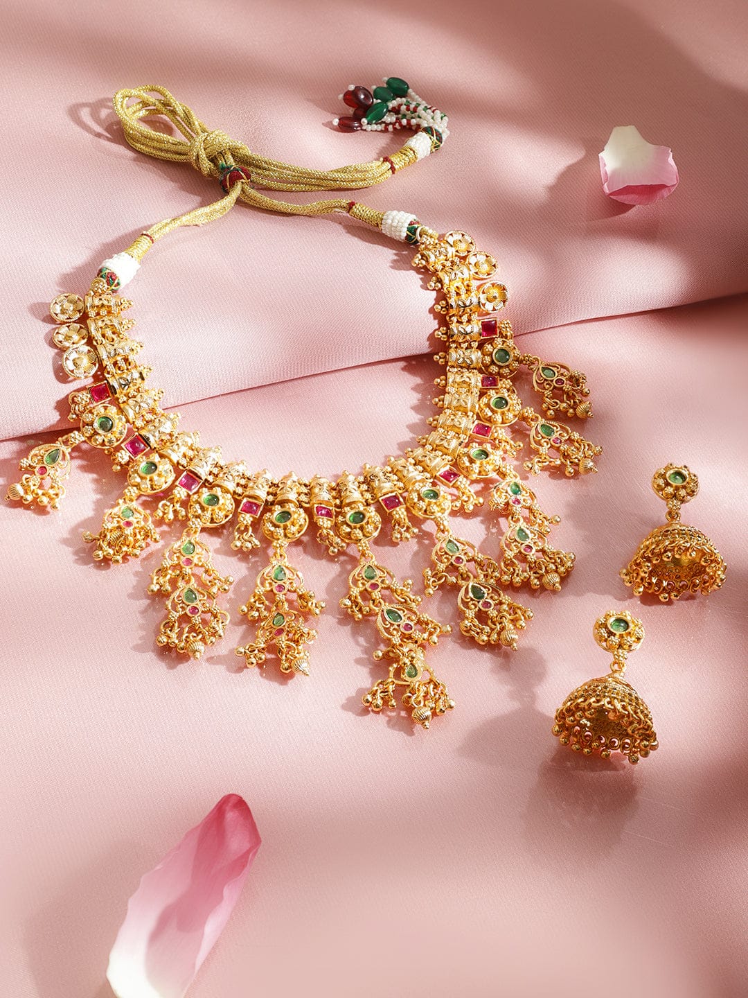 Red & Green Studded Gold Beaded Necklace Set