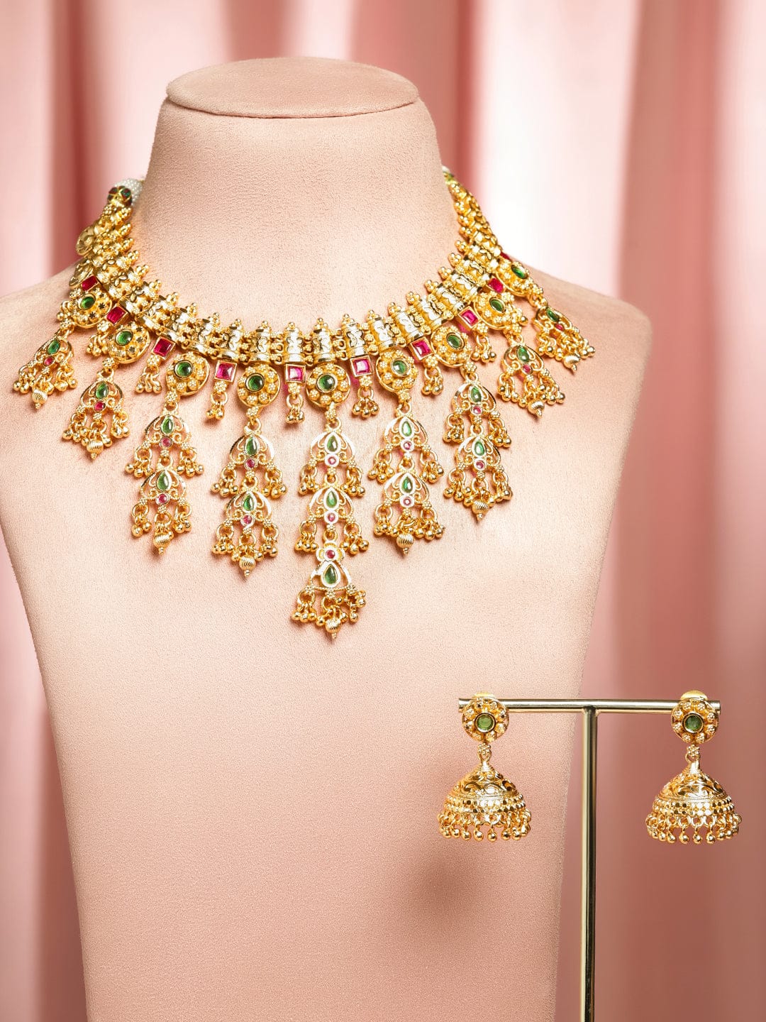 Red & Green Studded Gold Beaded Necklace Set
