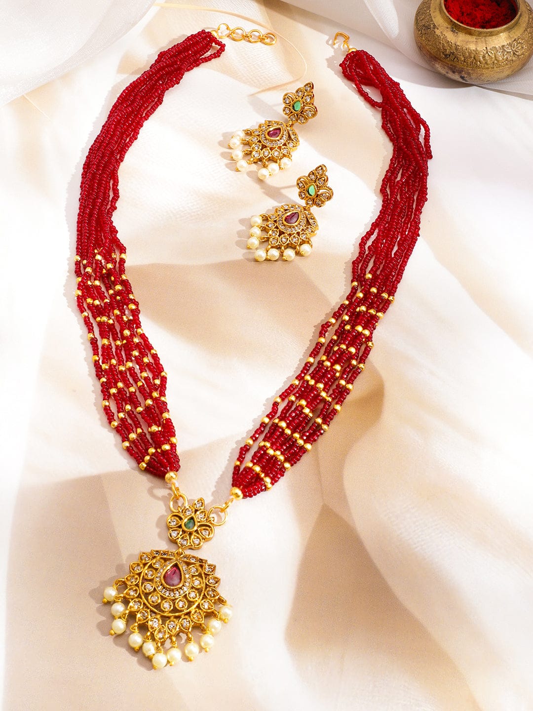Red Multi-Strand Beaded Necklace Set