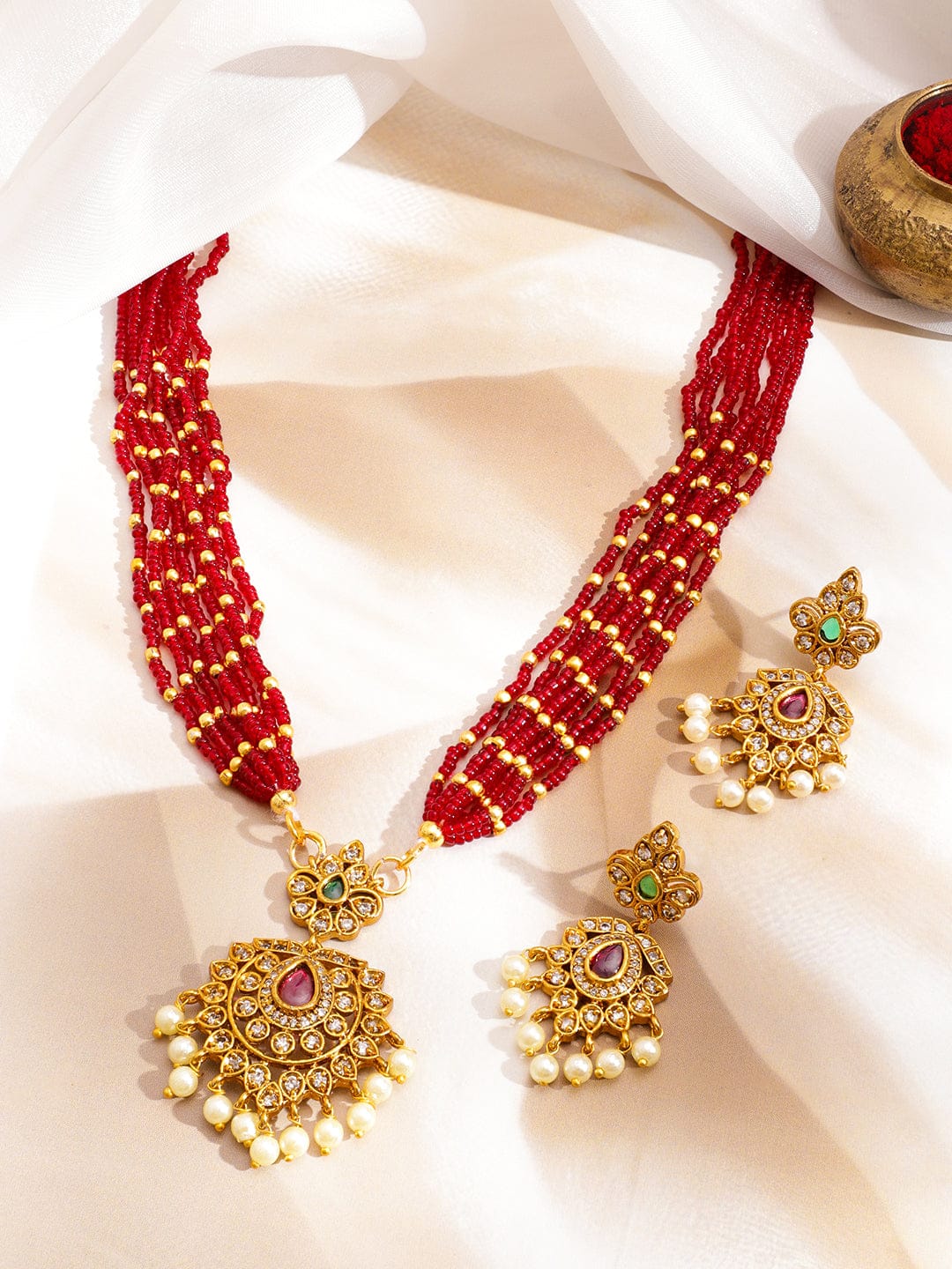 Red Multi-Strand Beaded Necklace Set