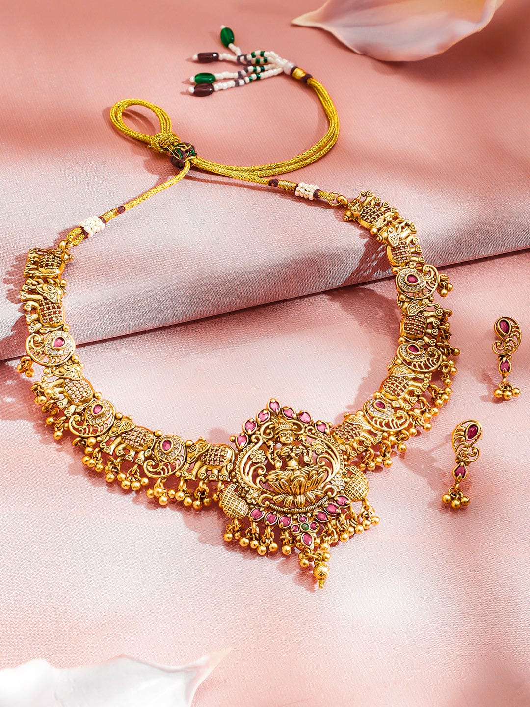 Lakshmi Motif Necklace Set with Red Ruby