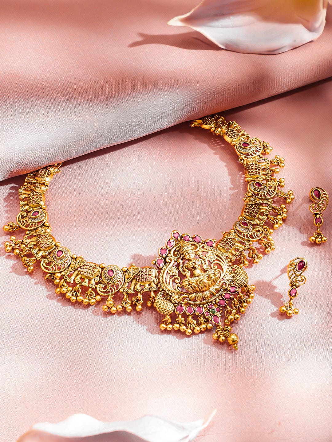 Lakshmi Motif Necklace Set with Red Ruby