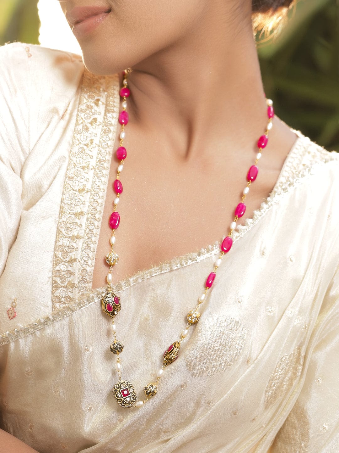 Red & Pearl Beaded Long Necklace Set