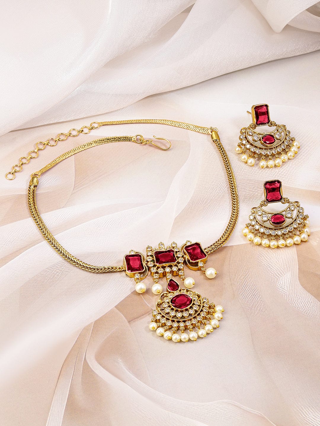Ruby Studded Pearl Drop Gold Necklace Set