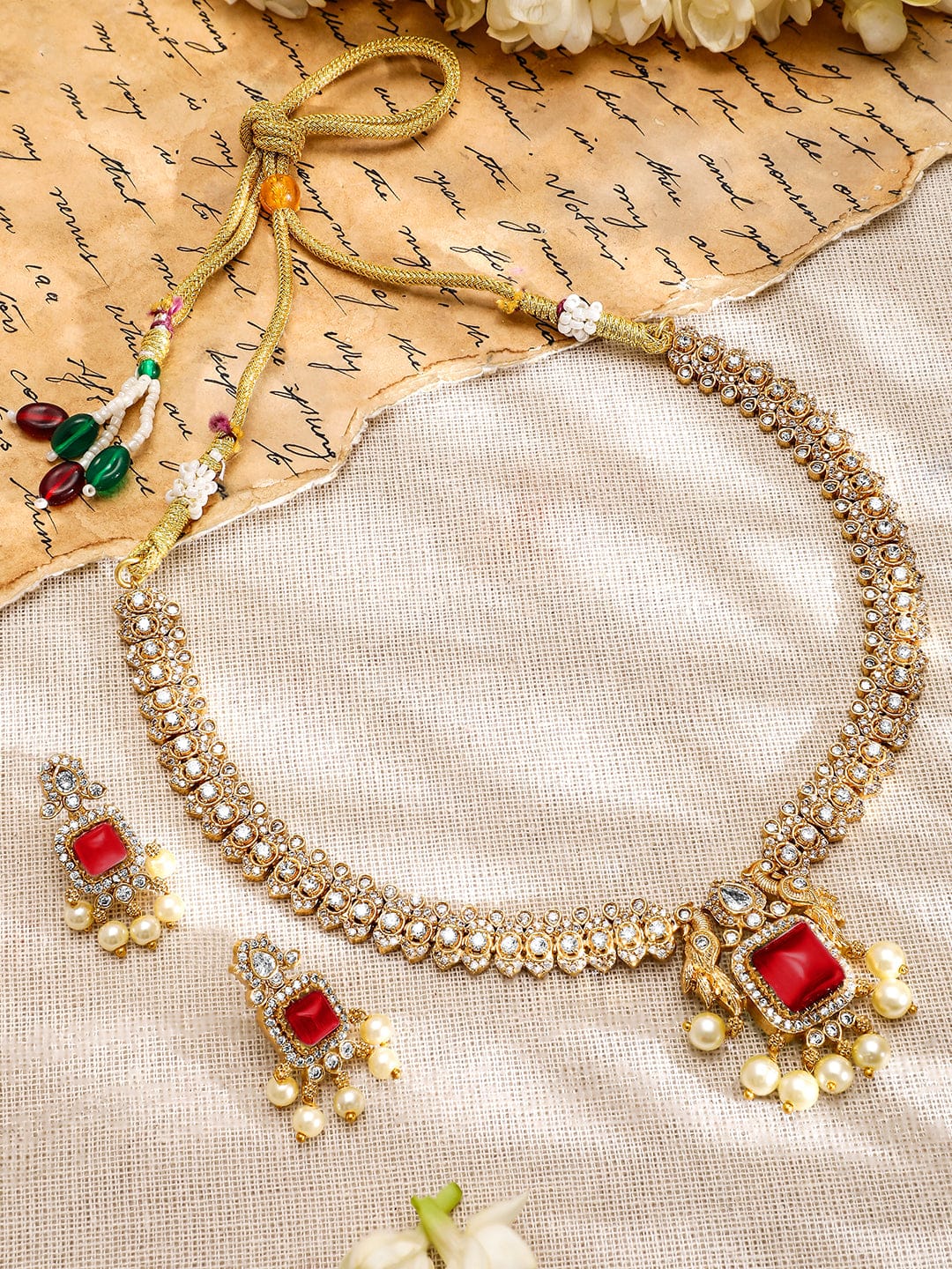 American Diamond Zirconia Ruby Centred Necklace Set