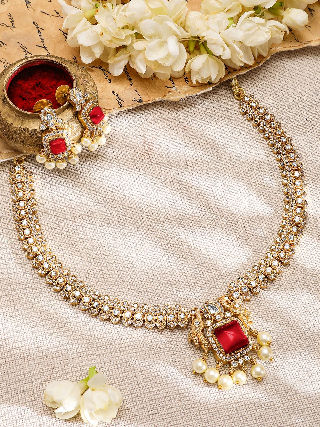 American Diamond Zirconia Ruby Centred Necklace Set
