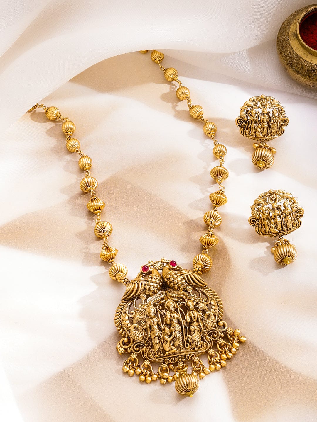 Gold Beaded Temple Necklace Set