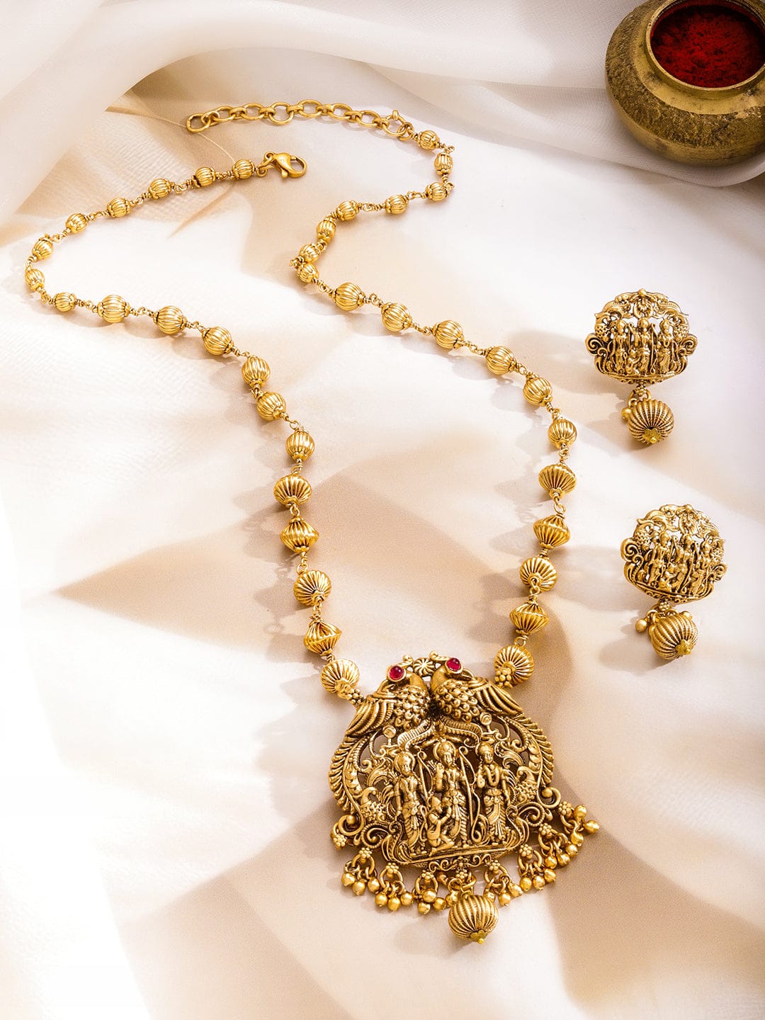 Gold Beaded Temple Necklace Set