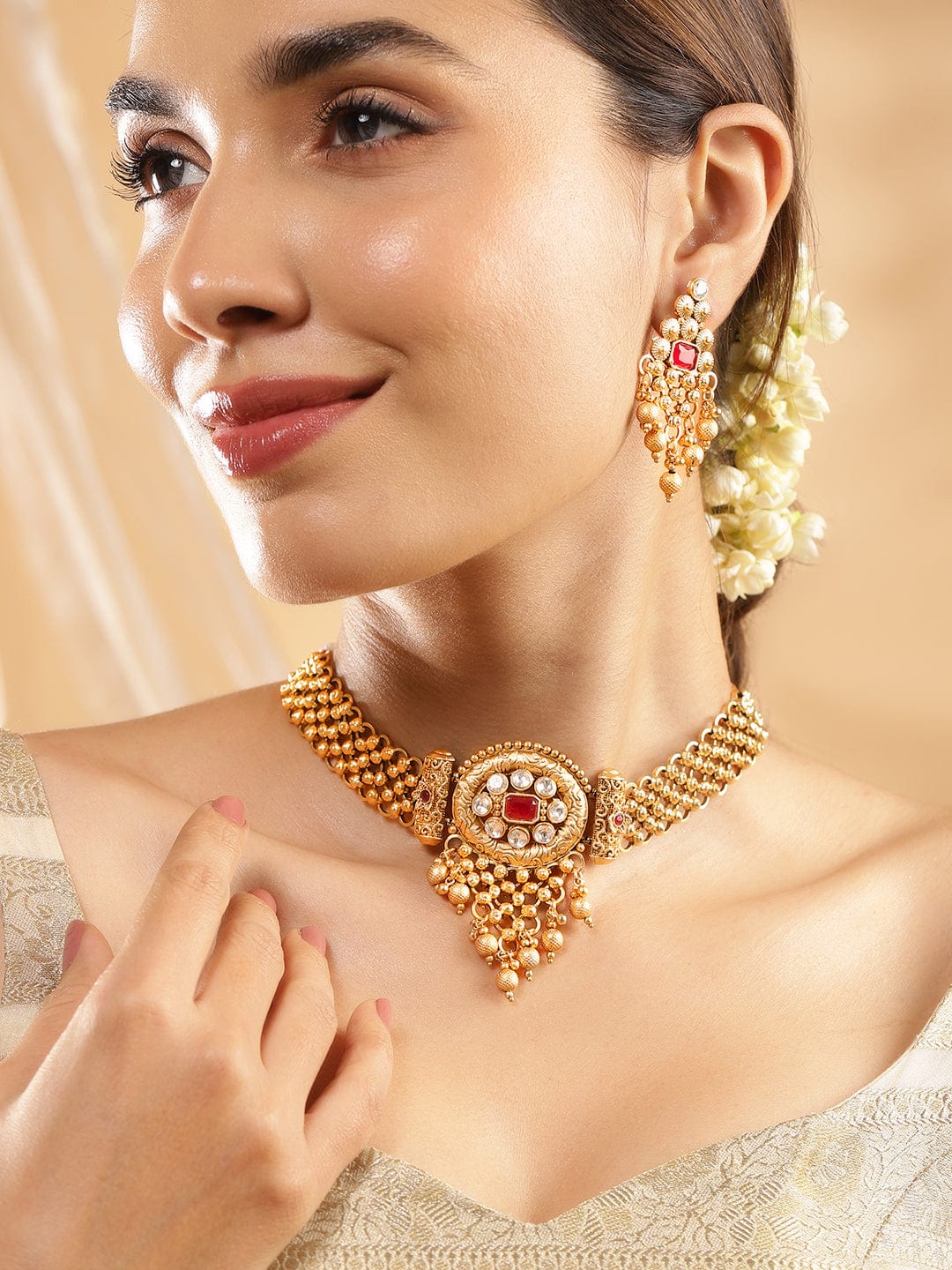 Wentra 22K Gold Plated Ruby Red & White Kundan Studded Choker Jewellery Set with Golden Beads