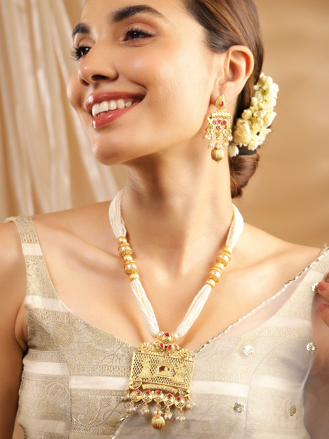 Wentra 22K Gold-Plated Ruby & White Pearl Beaded Multistrand Temple Motif Jewellery Set
