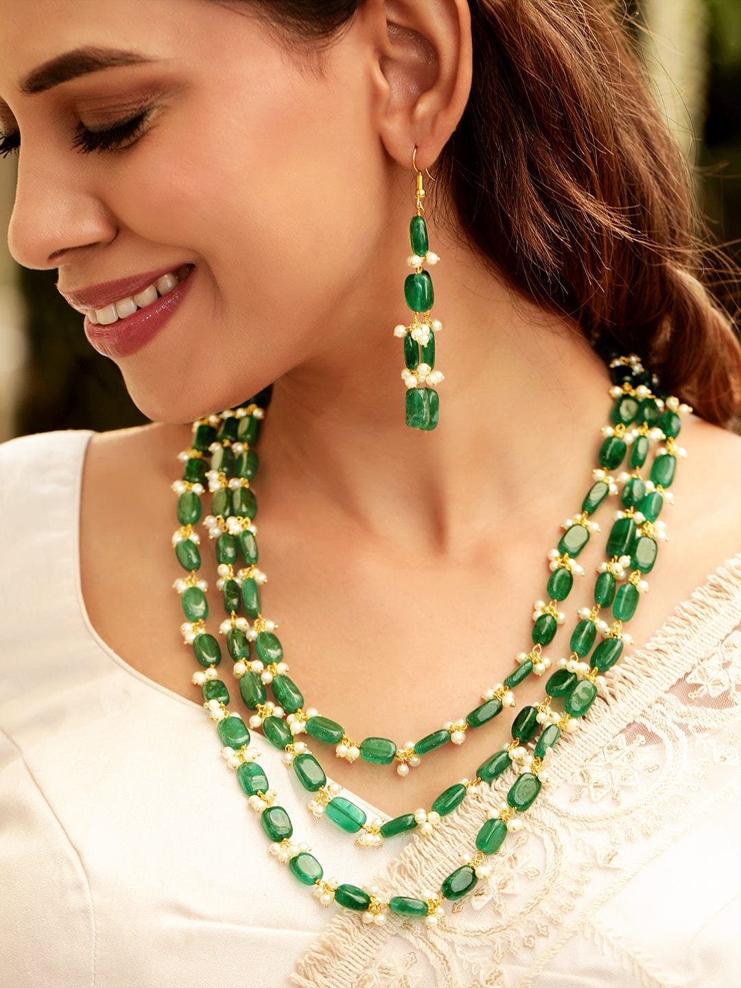 Green Beaded Layered Necklace Set