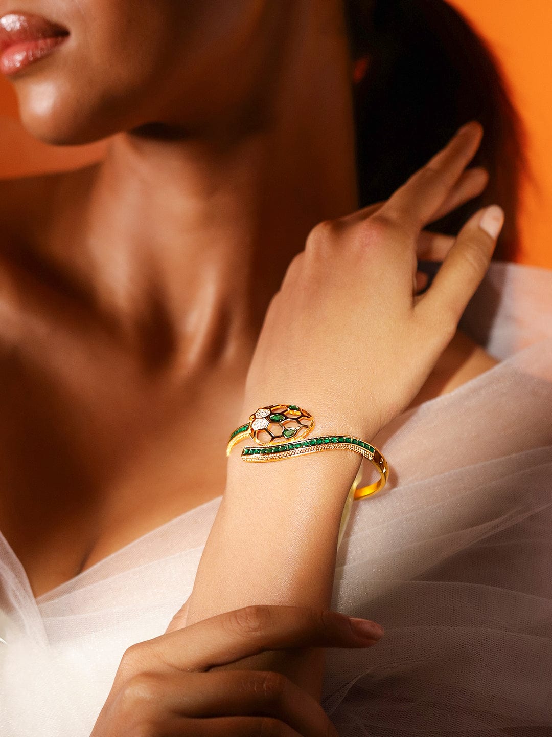 Wentra 22K Gold-Plated Snake Motif Bracelet with Honeycomb Design, Emerald & Zirconia
