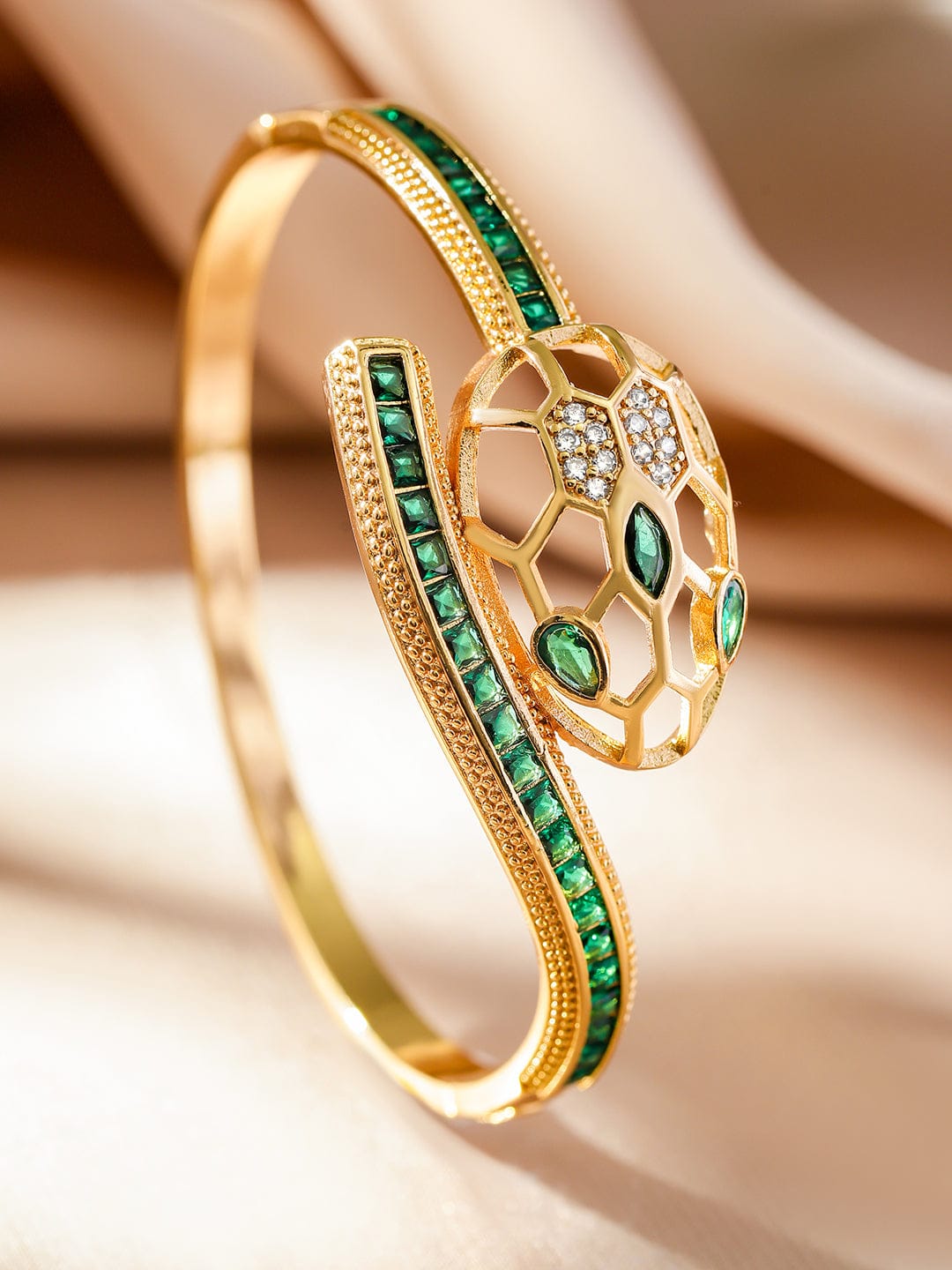 Wentra 22K Gold-Plated Snake Motif Bracelet with Honeycomb Design, Emerald & Zirconia