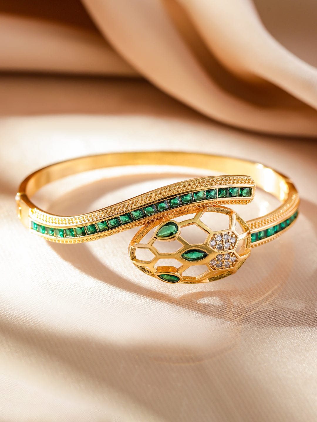 Wentra 22K Gold-Plated Snake Motif Bracelet with Honeycomb Design, Emerald & Zirconia