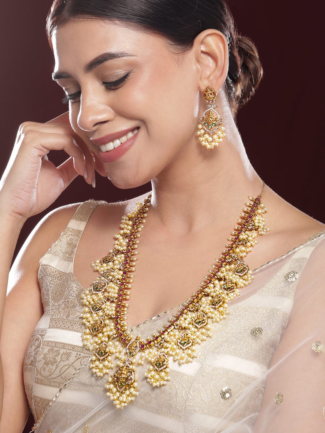 American Diamond Zirconia Studded Pearl Temple Necklace Set
