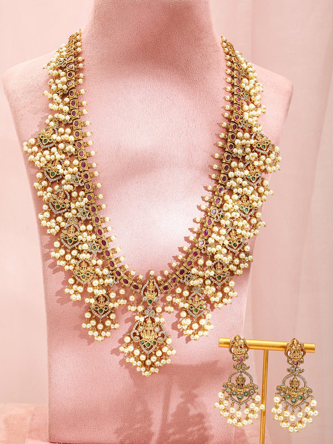 American Diamond Zirconia Studded Pearl Temple Necklace Set