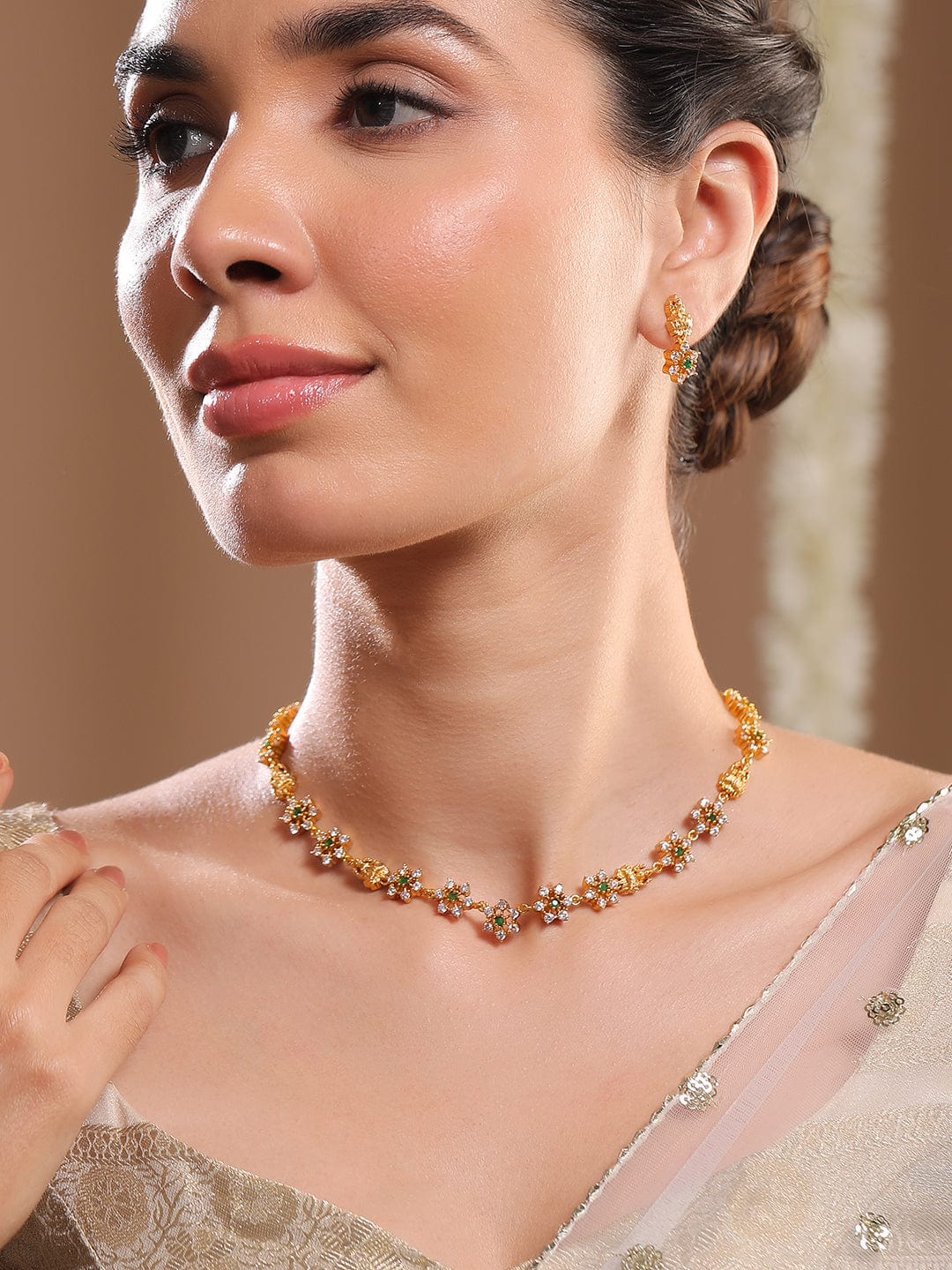 American Diamond Zirconia Floral Temple Necklace Set