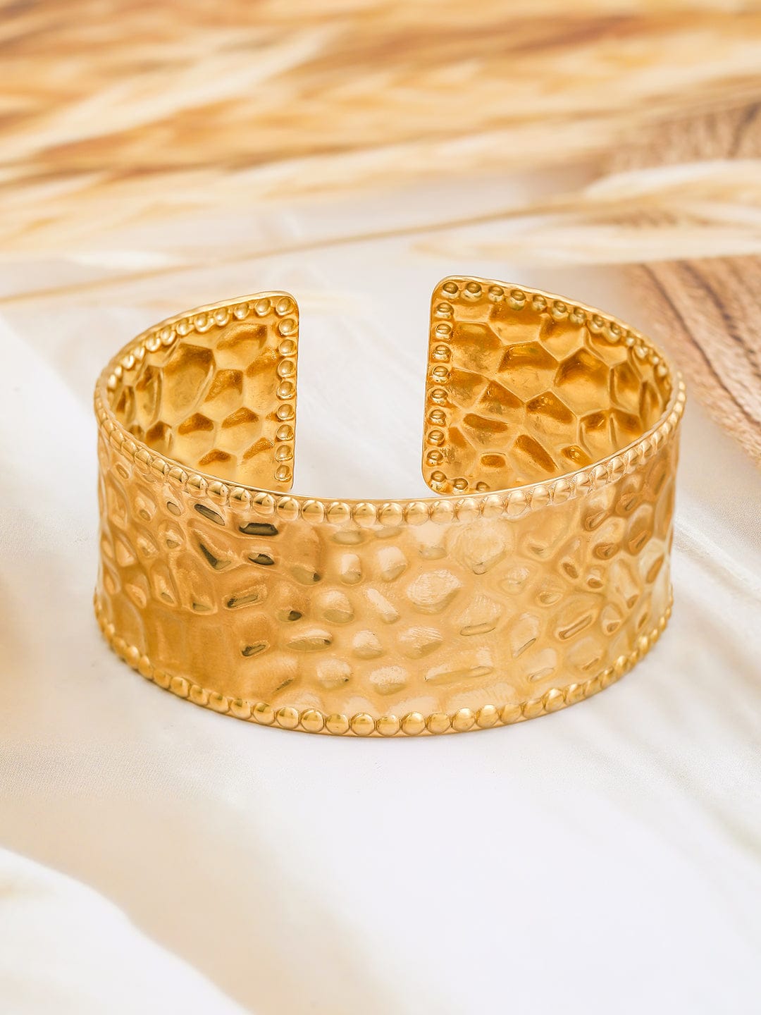 Wentra 22K Gold-Plated Textured Free Size Statement Cuff Bracelet