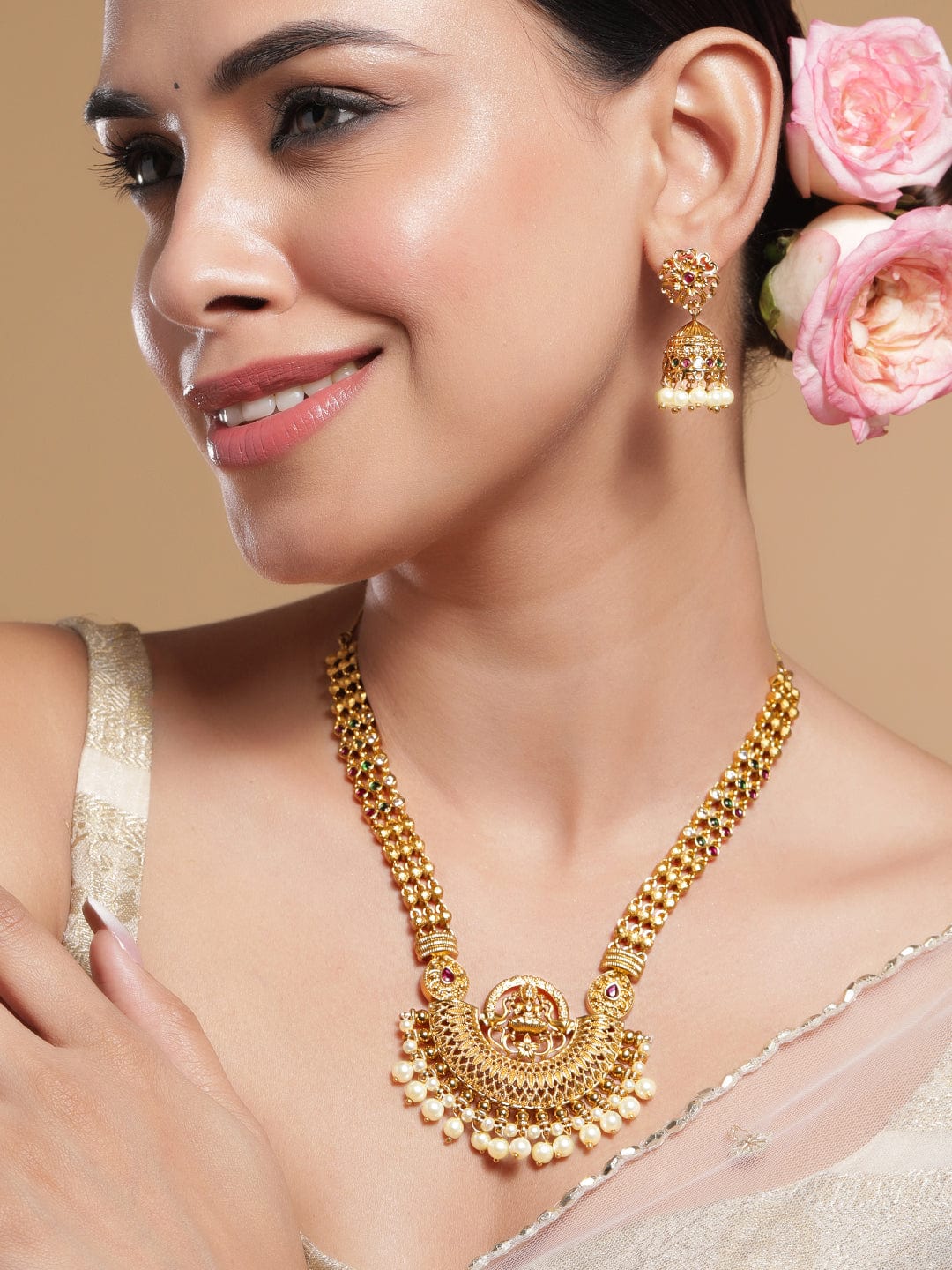 Pearl Drop Laxmi Motif Gold Necklace Set
