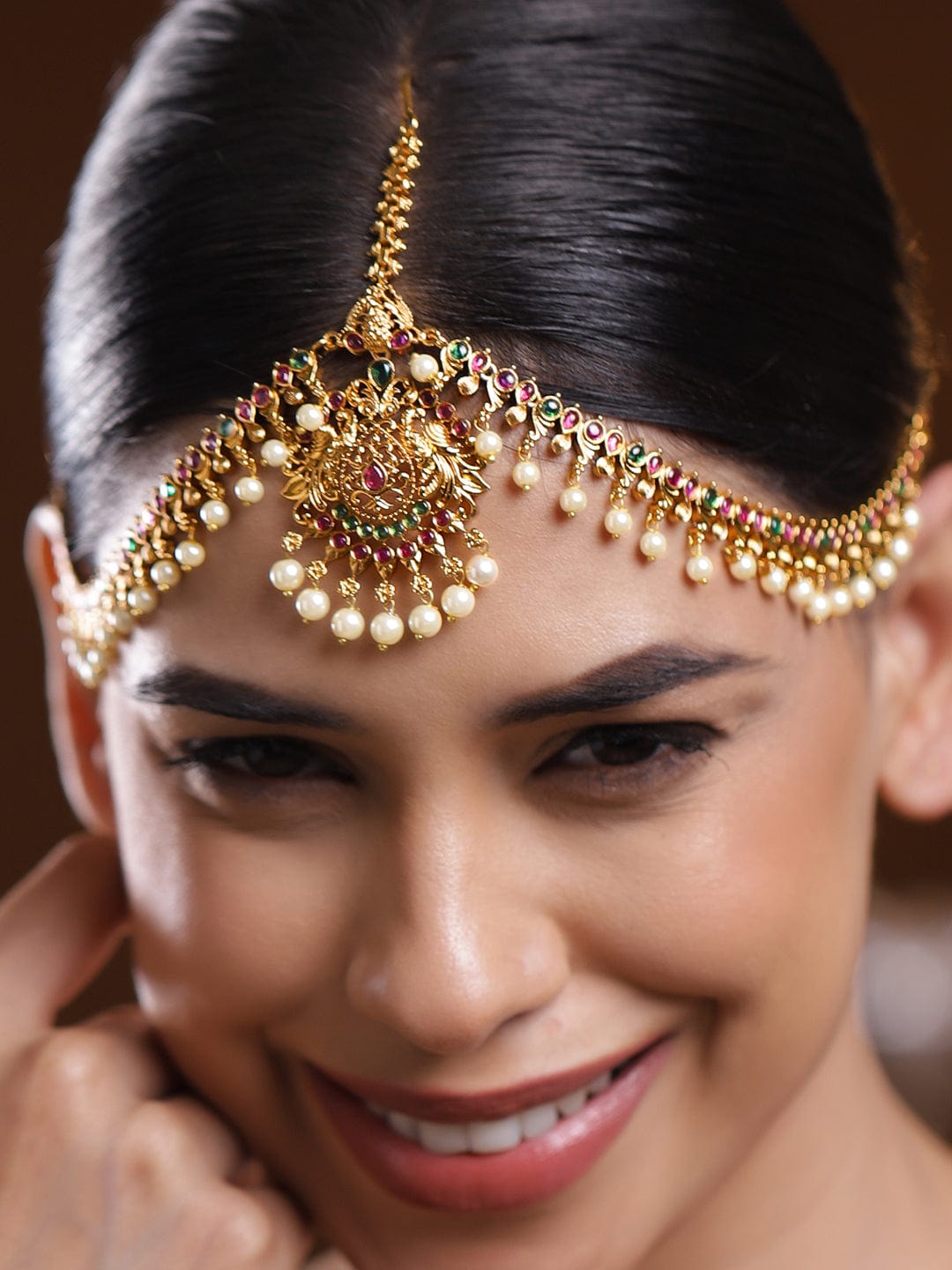 Wentra 22K Gold-Plated Traditional Ruby Green Stone & Pearl Beaded Bridal Matha Patti
