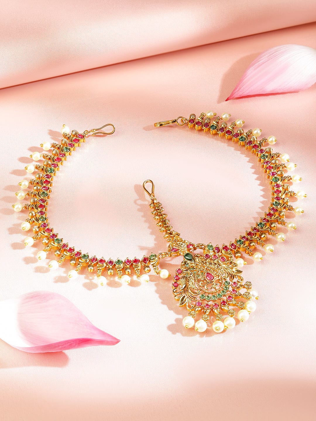 Wentra 22K Gold-Plated Traditional Ruby Green Stone & Pearl Beaded Bridal Matha Patti