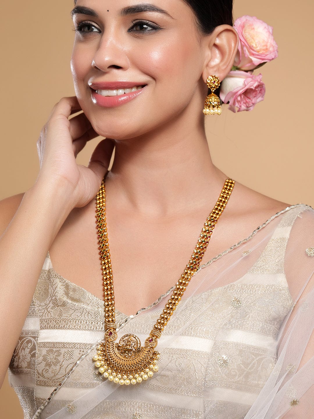 Laxmi Motif Pearl Drop Golden Necklace Set