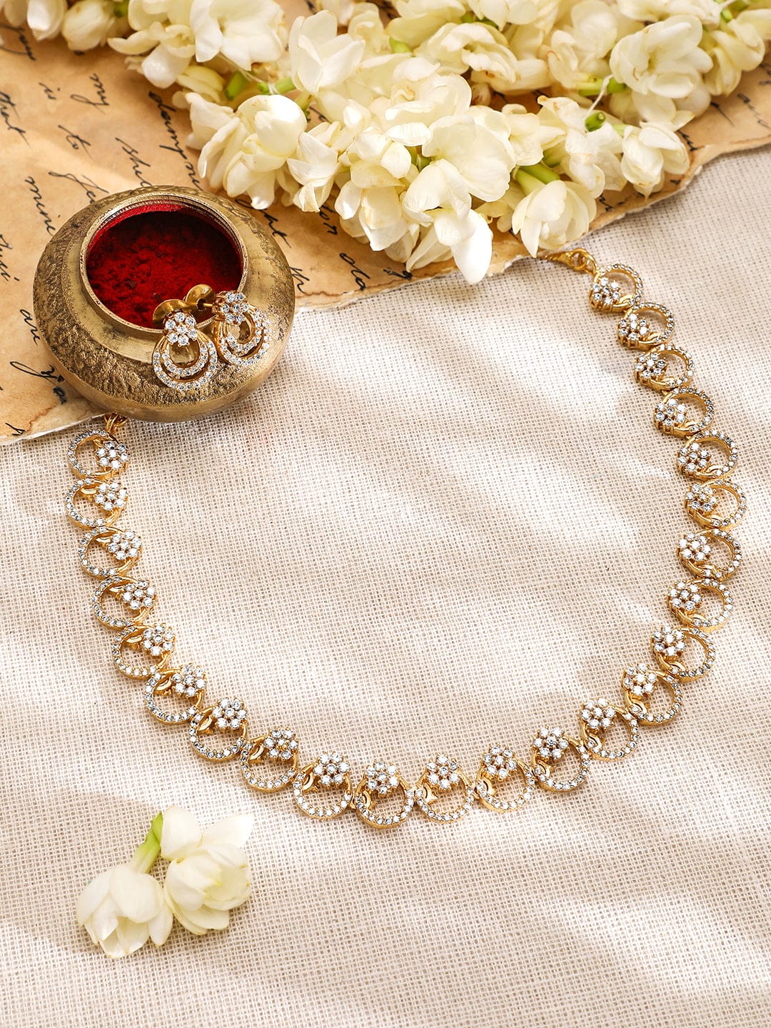 American Diamond Zirconia Floral Ring Necklace Set