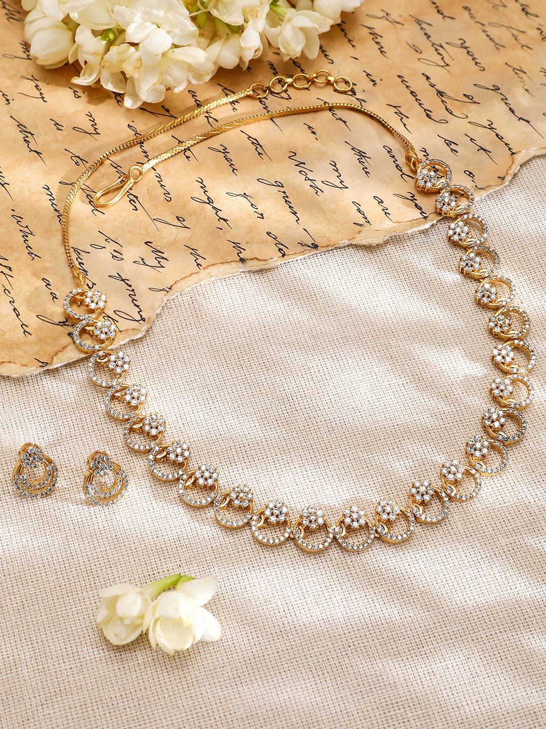 American Diamond Zirconia Floral Ring Necklace Set