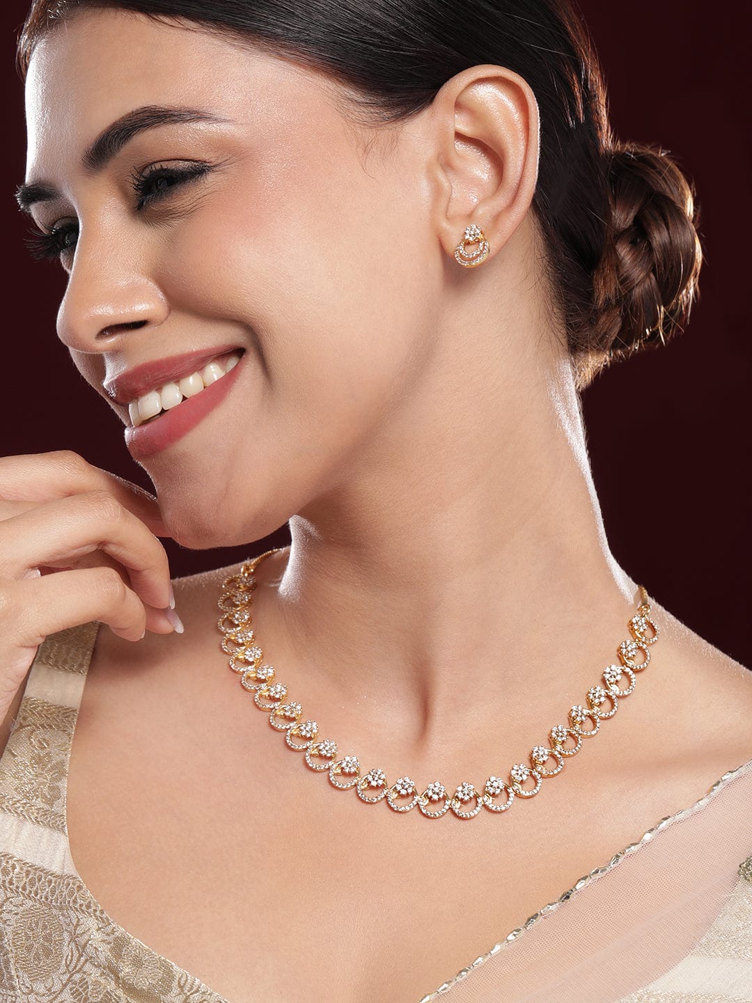 American Diamond Zirconia Floral Ring Necklace Set