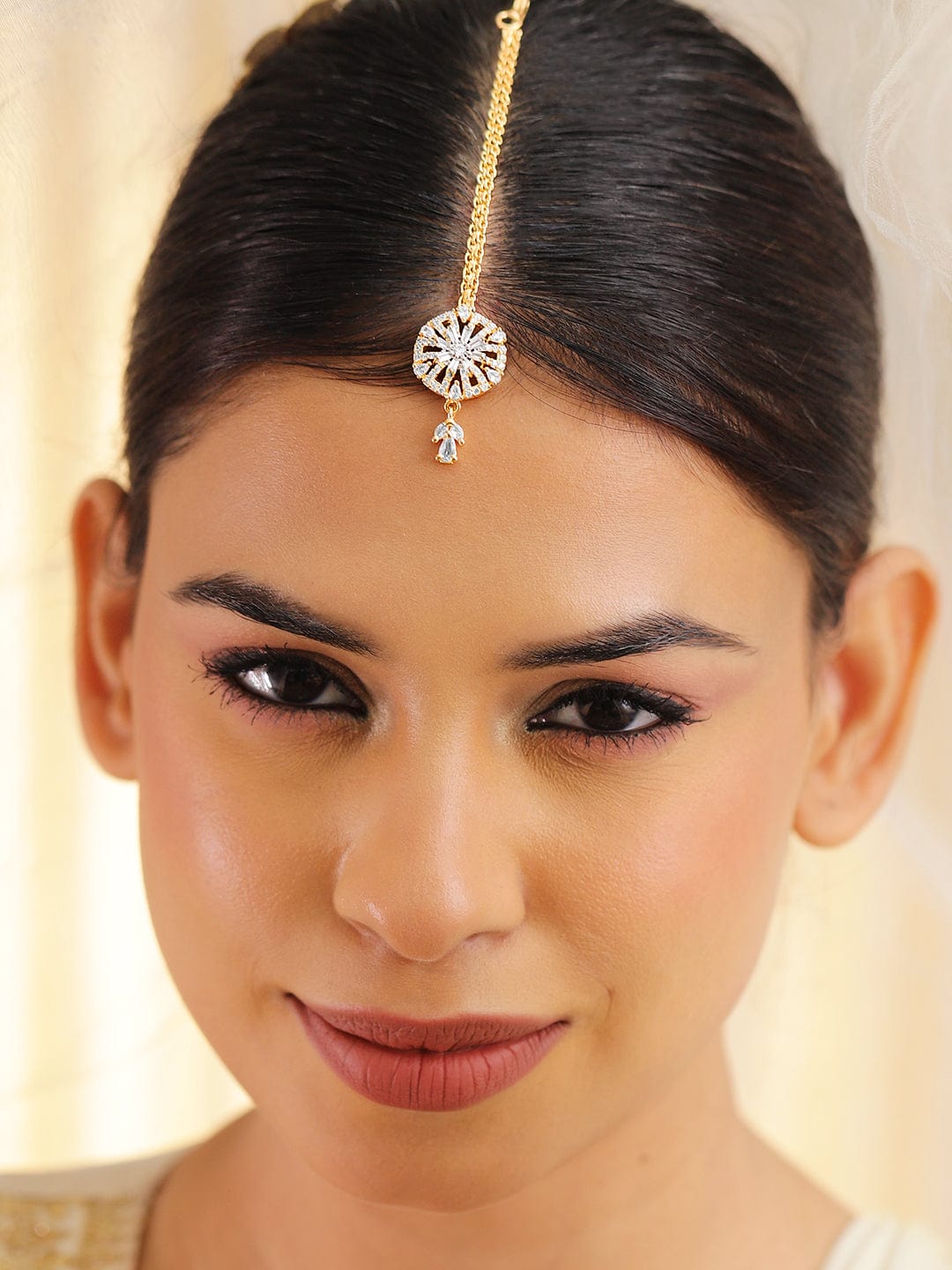Wentra 22K Gold-Plated White Cubic Zirconia Studded Maang Tikka