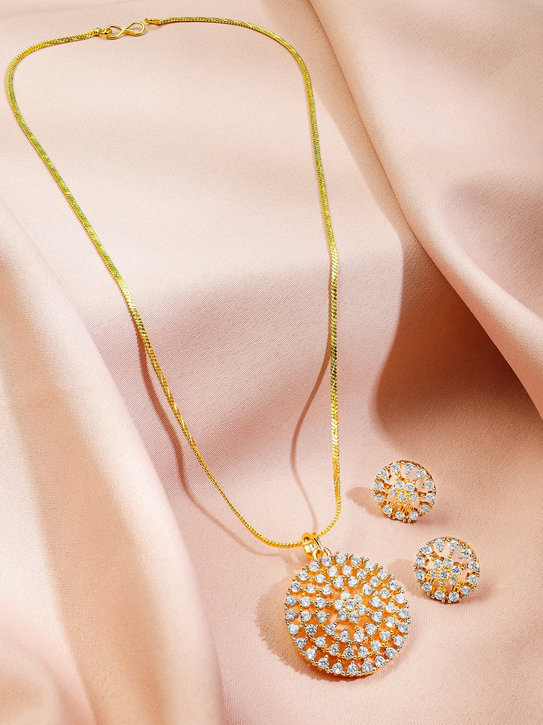 American Diamond Zirconia Round Pendant Necklace Set