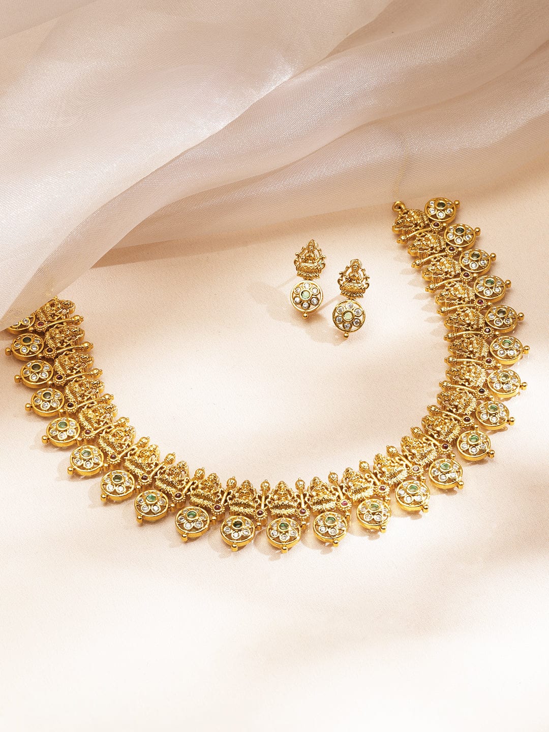 Golden Kundan Floral Laxmi Motif Necklace Set