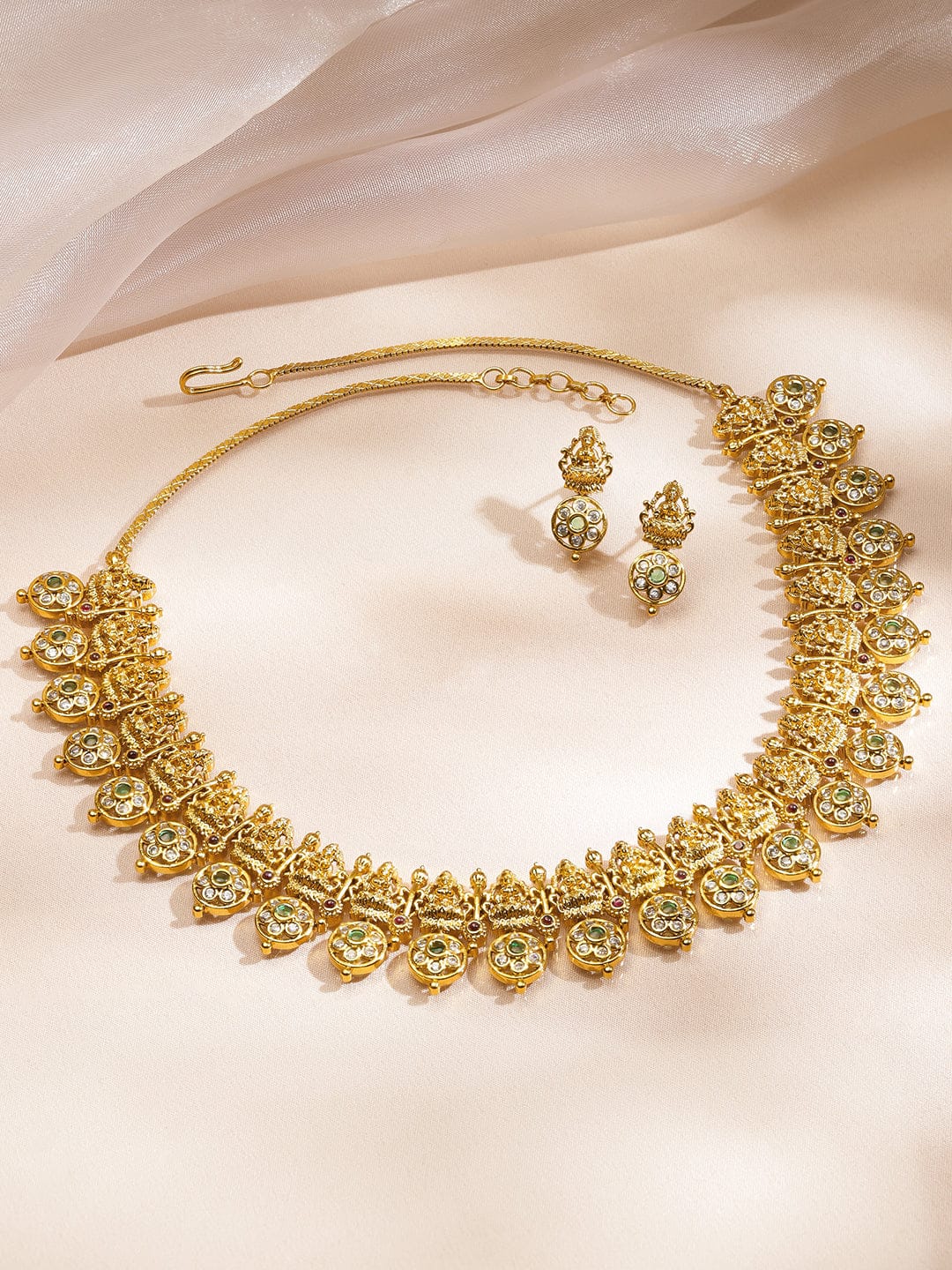 Golden Kundan Floral Laxmi Motif Necklace Set