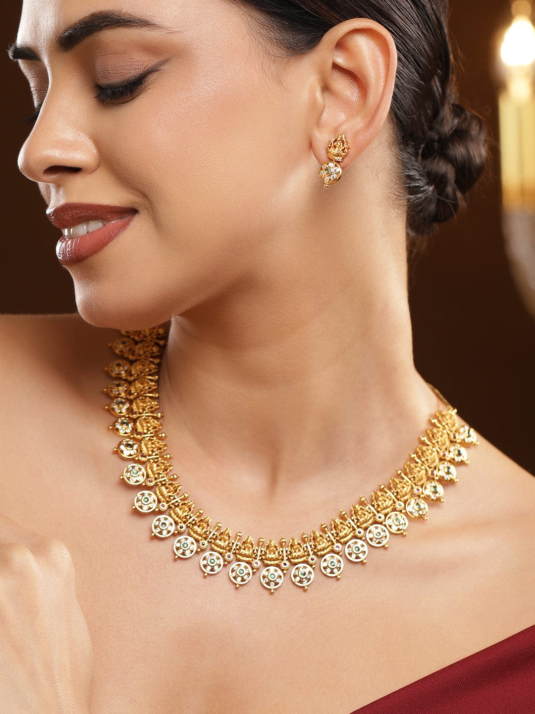 Golden Kundan Floral Laxmi Motif Necklace Set