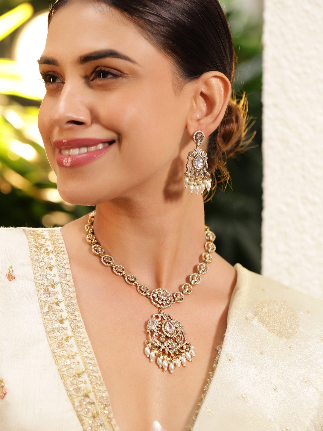 American Diamond Zirconia White Studded Pearl Necklace