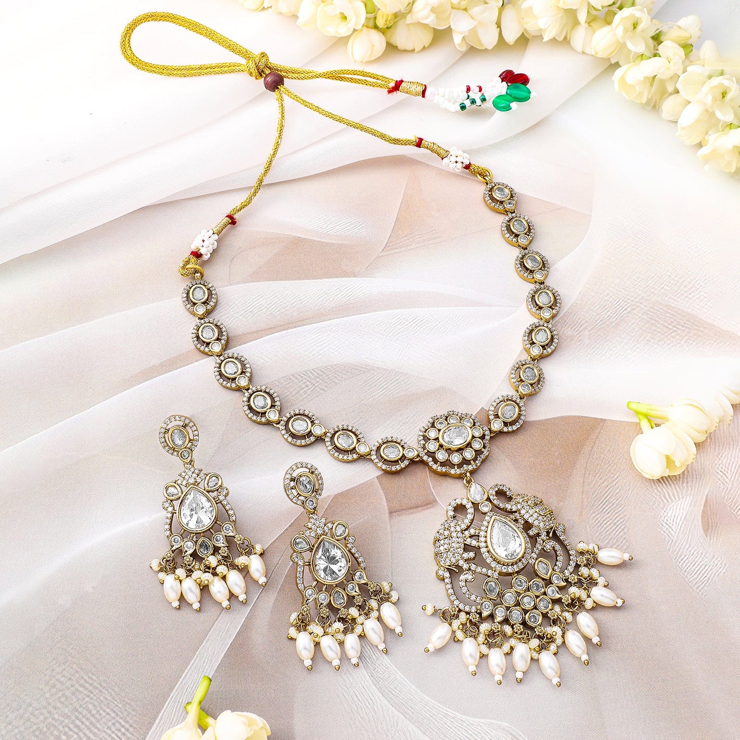 American Diamond Zirconia White Studded Pearl Necklace