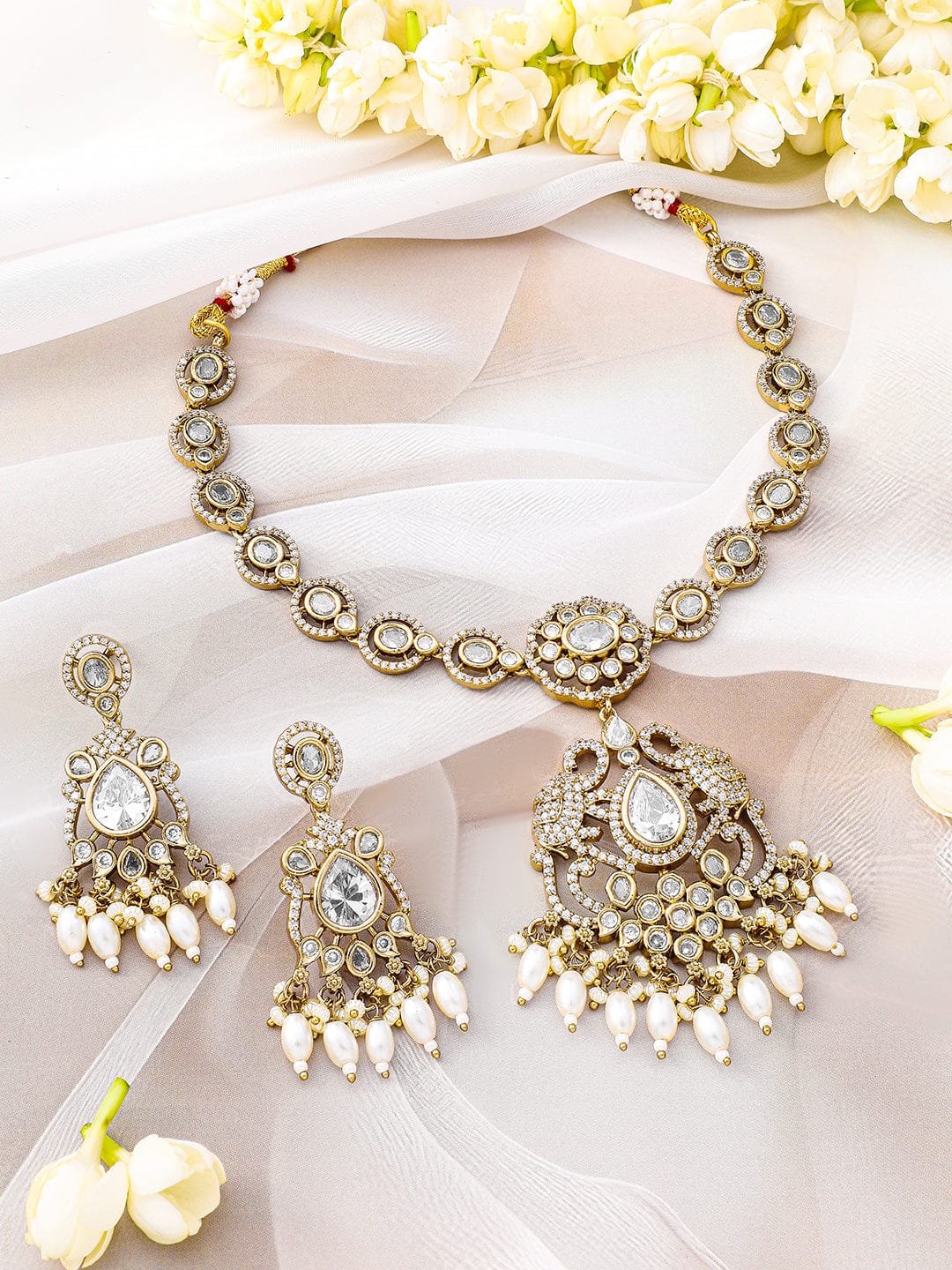 American Diamond Zirconia White Studded Pearl Necklace