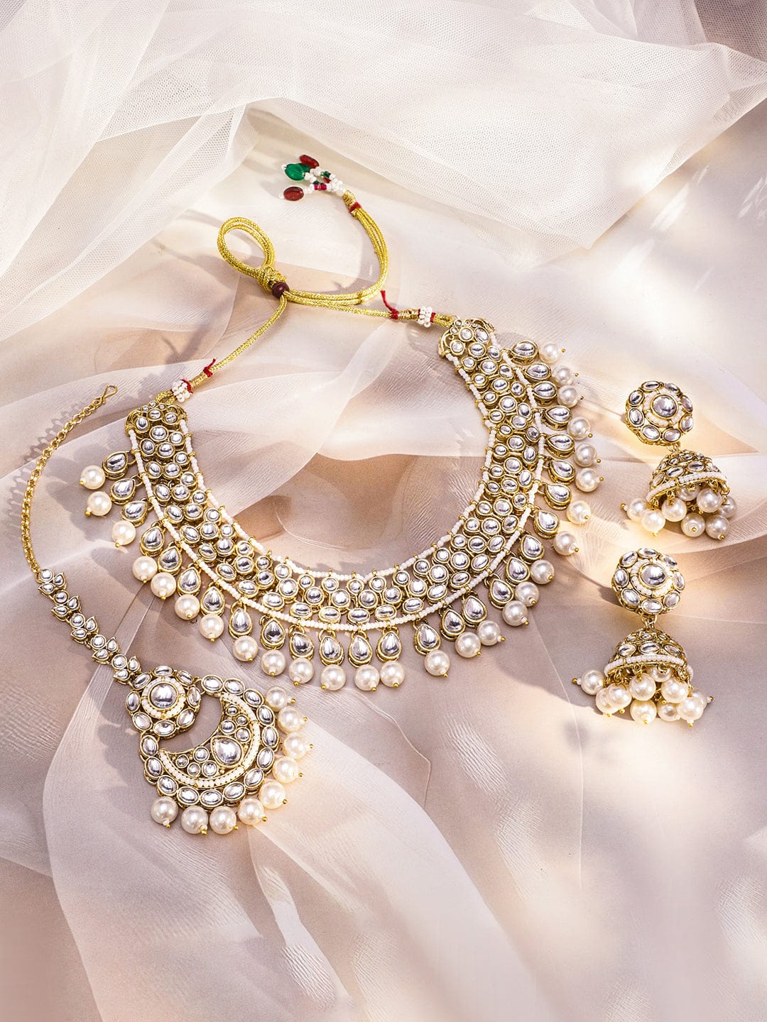 Pearl-Adorned White Kundan Necklace Set