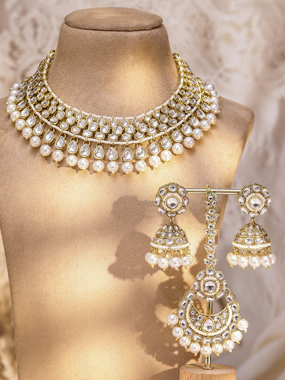 Pearl-Adorned White Kundan Necklace Set