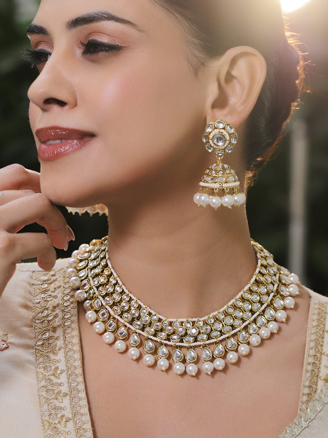 Pearl-Adorned White Kundan Necklace Set